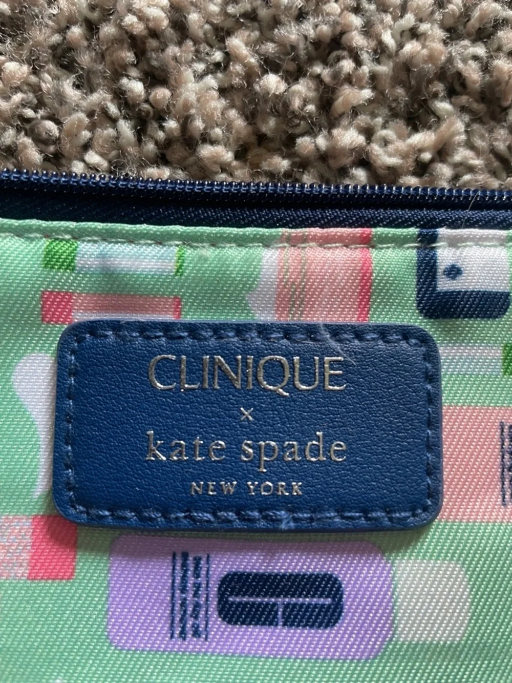 NWOT Kate Spade x Clinique Cosmetic Pouch in Lime Green with Navy & Pink Accent